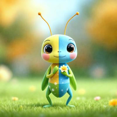 The primary subject of the image is a colorful, cartoon-like insect, possibly a grasshopper or a butterfly, standing in a grassy field. The insect is holding a flower in its hands, adding a touch of whimsy to the scene. The setting is a lush, green field with yellow flowers scattered throughout, creating a vibrant and cheerful atmosphere. The visual style of the image is a combination of digital art and illustration, giving it a unique and playful appearance. The colors and m